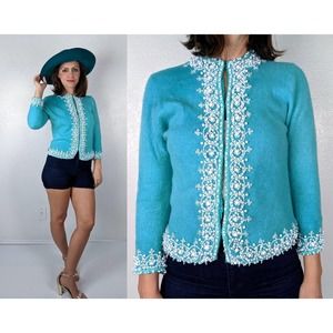 vintage 50s Ice Blue 'FROZEN' intricate BEADED CARDIGAN Small wool pinup sweater